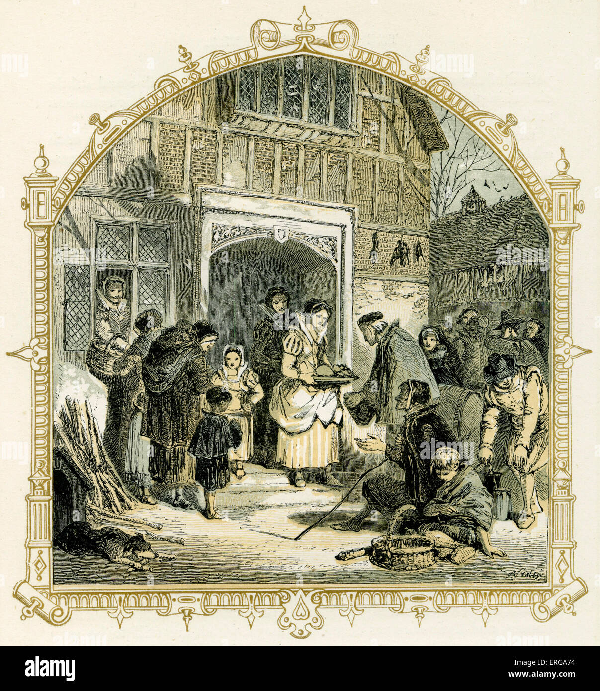 Elizabethan scena di Natale - illustrazione di Birket Foster, 1872. Condividendo cibo con i poveri. Foto Stock