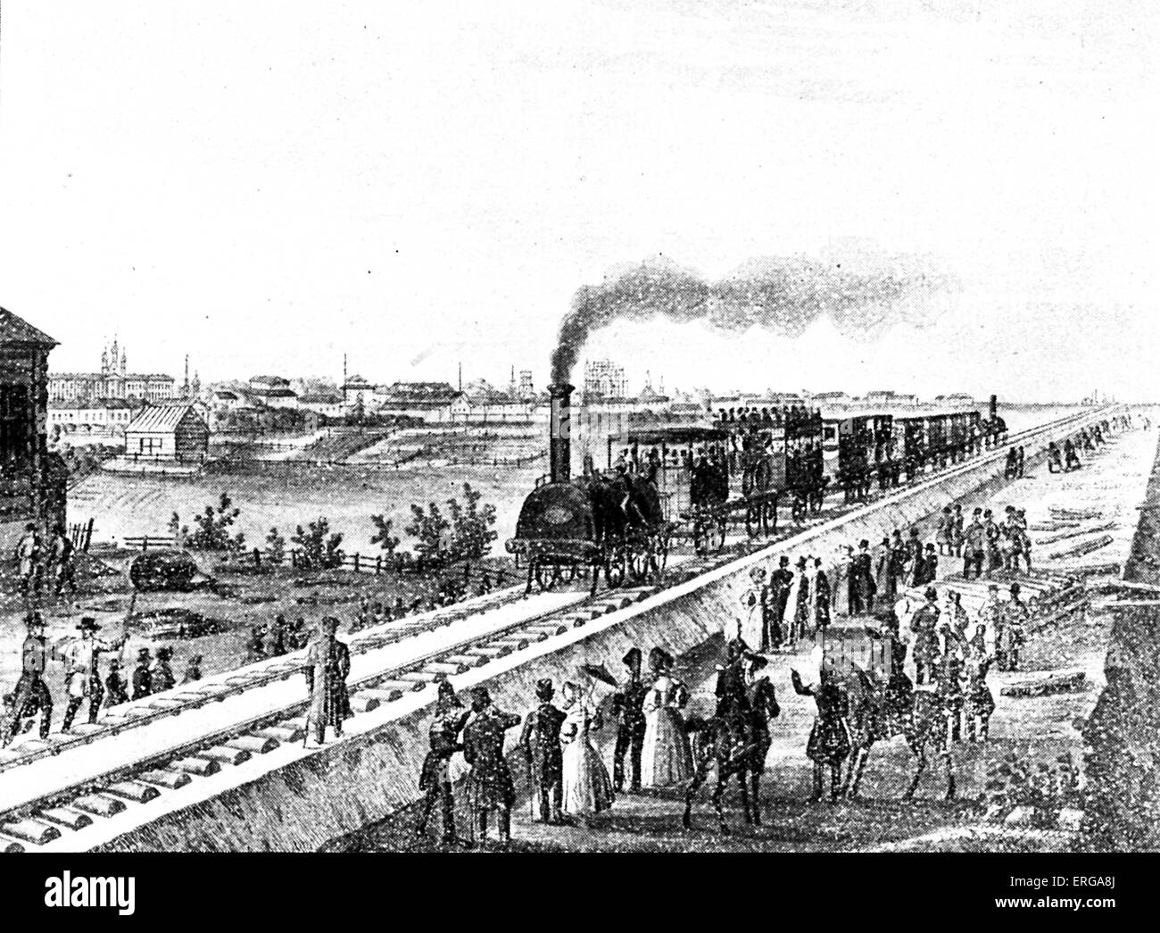 Primo treno a vapore in Russia, sulla linea ferroviaria tra San Pietroburgo e Pavlovsk. Dopo incisione in 'Pamitnia Knichka', pocket Foto Stock