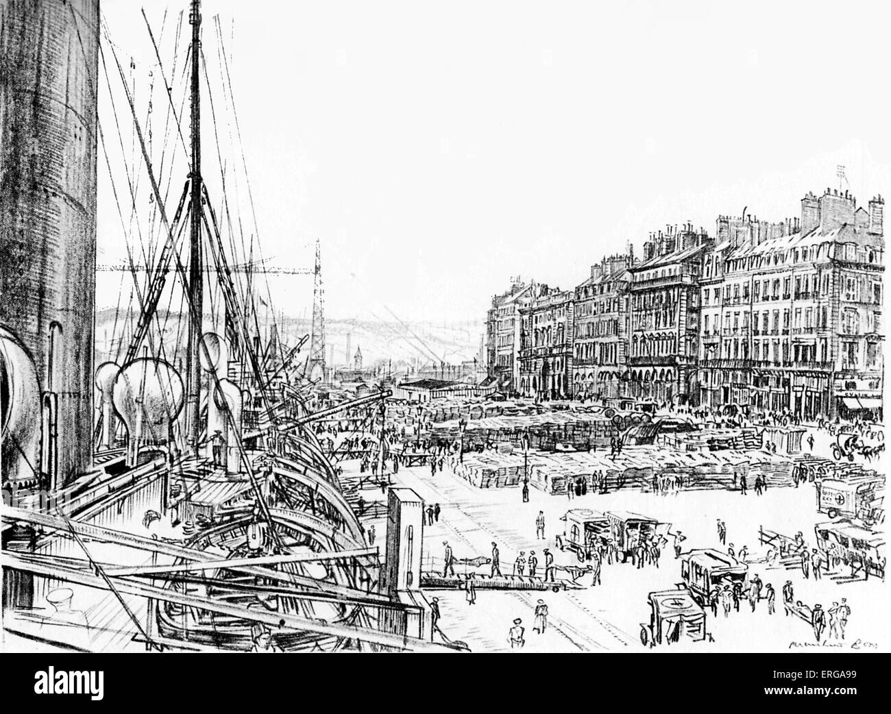 Feriti di guerra essendo portato su una nave ospedale - dall'illustrazione da Muirhead osso. Fronte occidentale durante la guerra mondiale I. Foto Stock