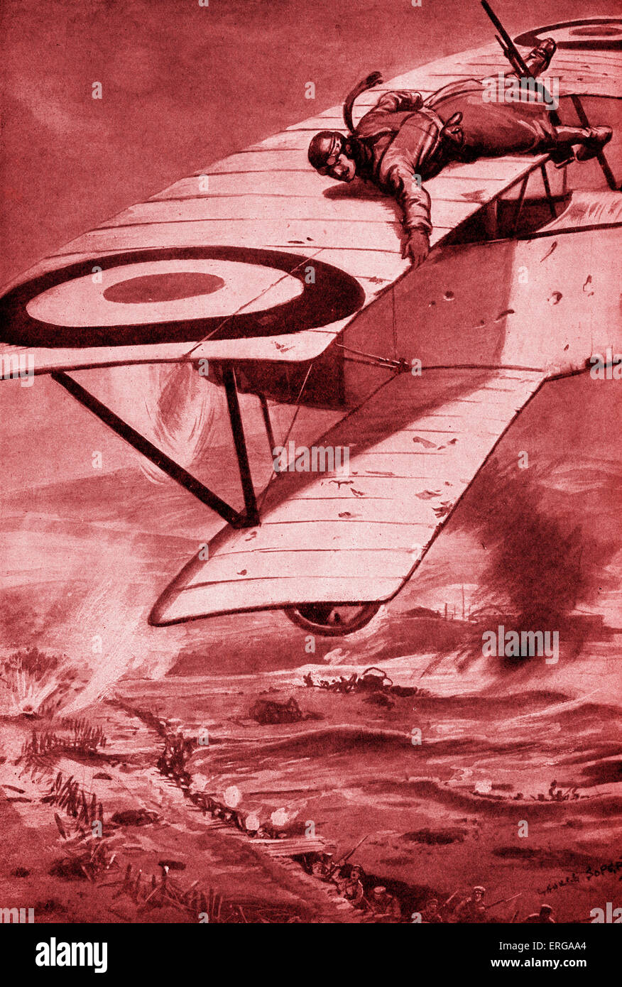 'Un audace feat mid- aria" - illustrazione per il ragazzo la propria annuale (c. 1917). Pilot vola sopra WWI trincea. British. Foto Stock