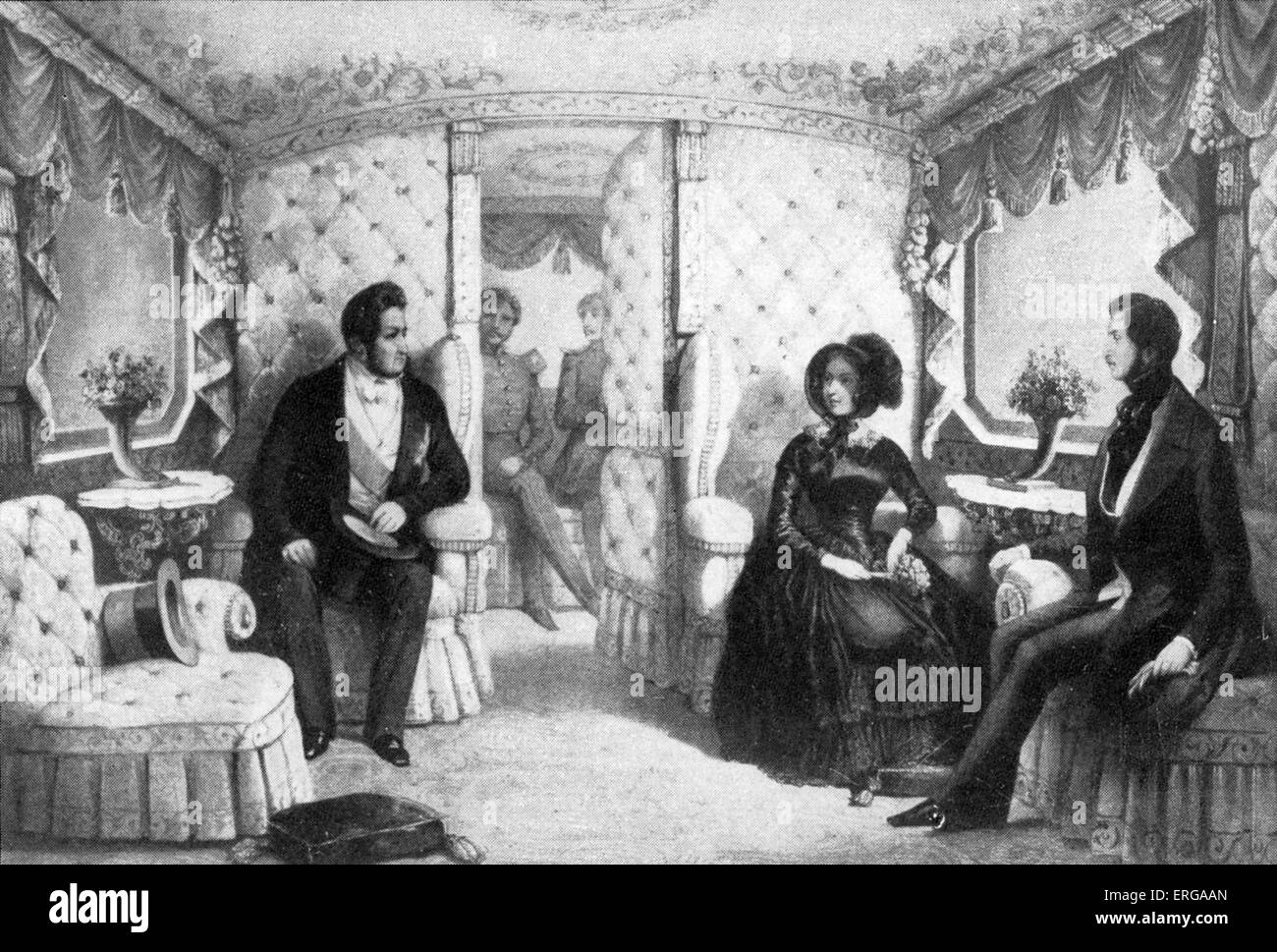 La regina Victoria la ricezione di Louis Philippe I di Francia in royal carrozza ferroviaria, ca 1844. Foto Stock