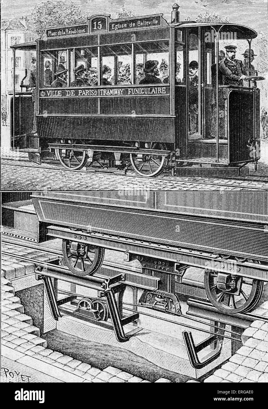 Cavo tram di Belleville, Parigi, 1890. Sezione trasversale della vettura con autista e la strada e di mostrare come esso si connette Foto Stock