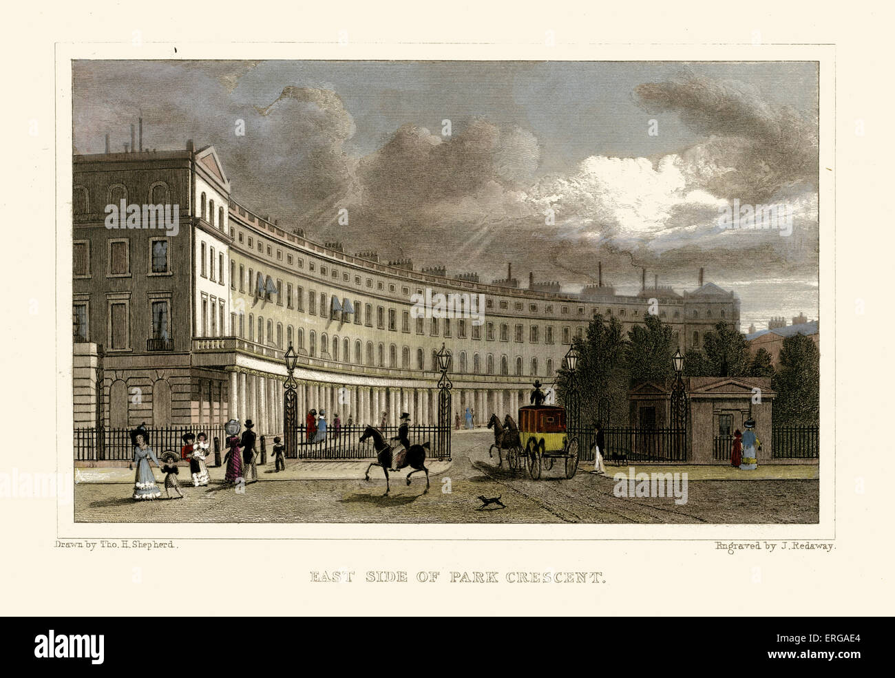 Viste su Londra: East Side di Park Crescent. Disegnata da Thomas Hosmer Shepherd 1792 - 1864. Incisi da Redaway J. Colorati a mano. Foto Stock