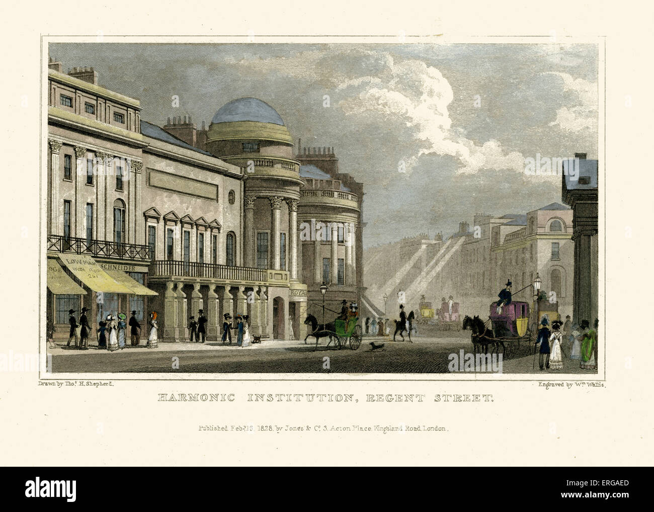 Viste su Londra: Istituzione armonica, Regent Street. Disegnata da Thomas Hosmer Shepherd 1792 - 1864. Incisi da W. Wallis. Foto Stock