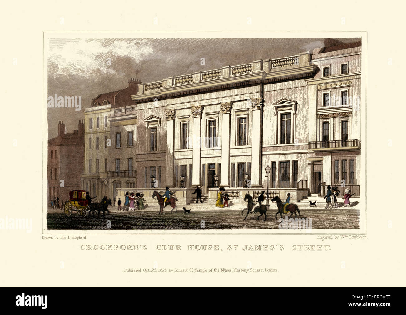 Viste su Londra: Crockford's Club House, il St James Street. Disegnata da Thomas Hosmer Shepherd 1792 - 1864. Incisi da William Foto Stock