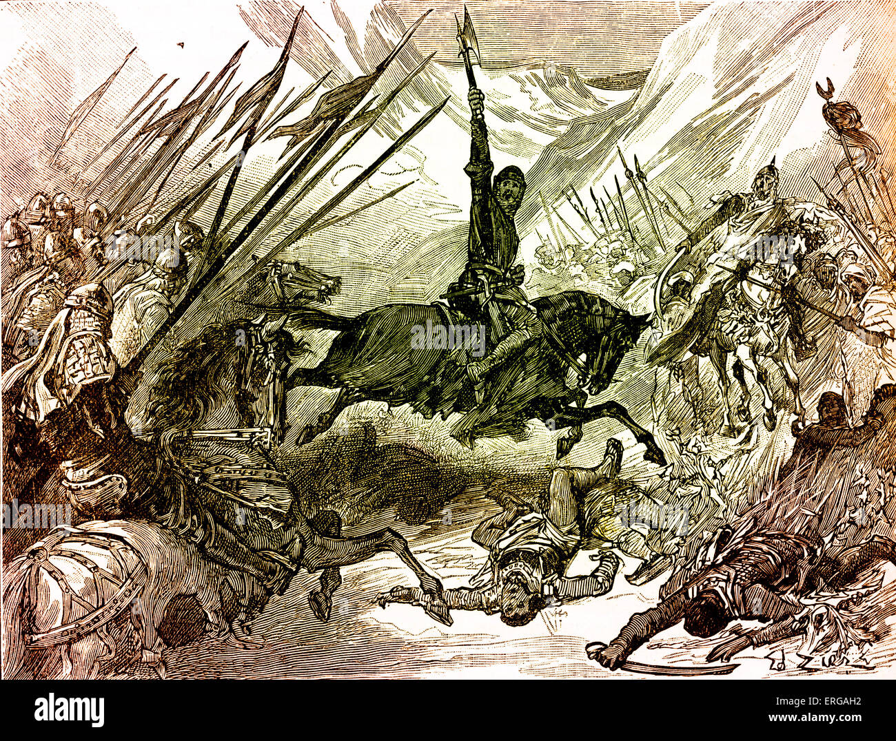 Battaglia di Azotus, 1191. Durante la terza crociata. Re Riccardo i raduni i crociati anglo-francese contro il Saladino e il suo Foto Stock