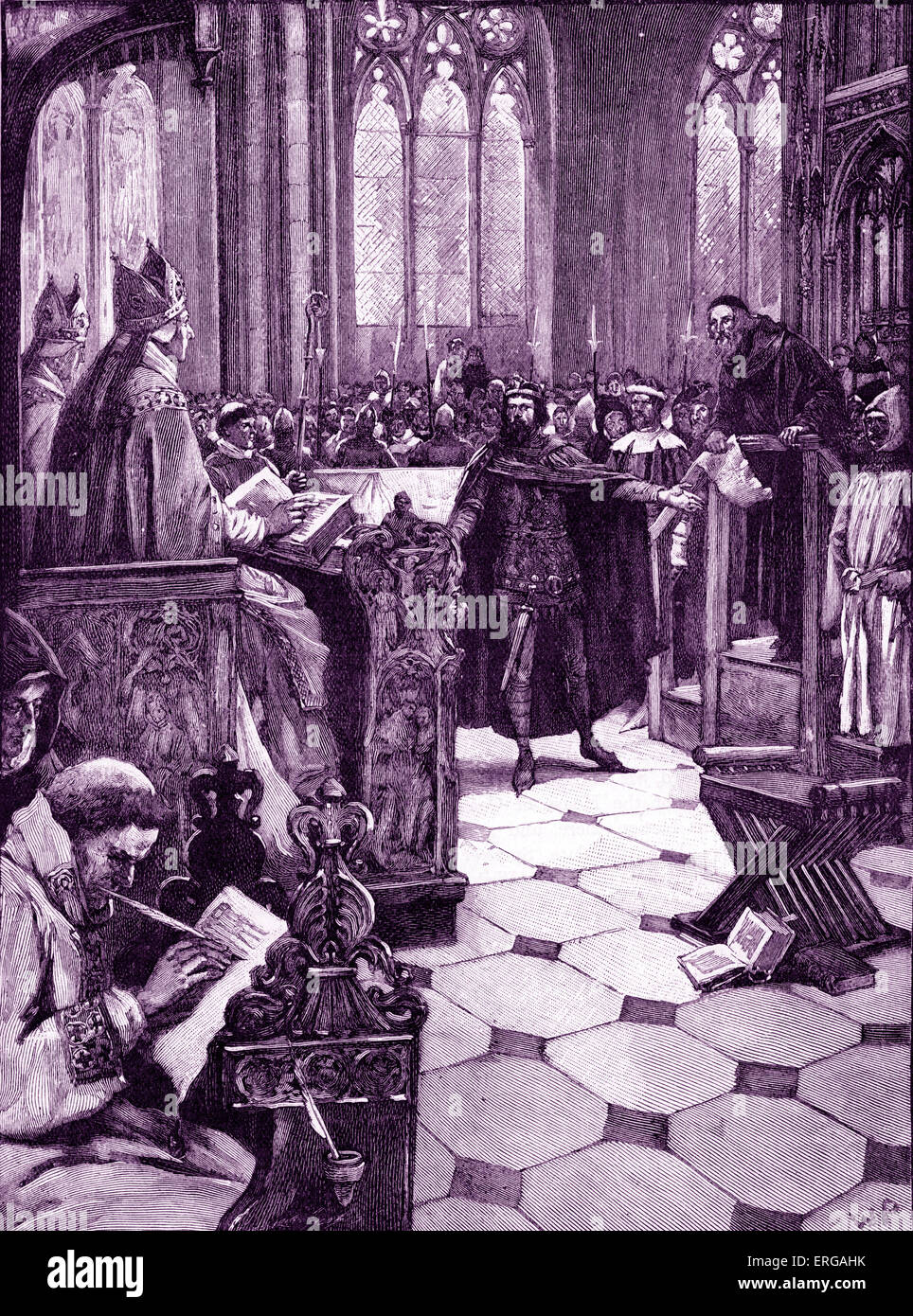 John Wycliffe 's eresia audizione alla St Paul 's cathedral, 3 febbraio 1377. Inglese teologo e sostenitore della riforma, Foto Stock