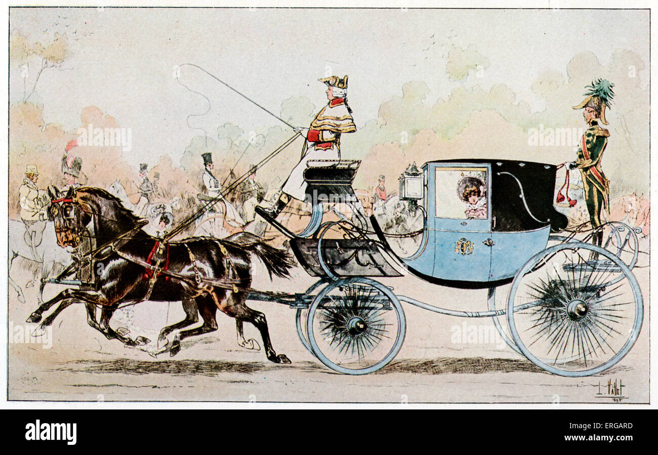 Festive calash (carrozza trainata da cavalli) su l'Avenue de Longchamp. Dopo acquerello di Vallet, 1895. Foto Stock