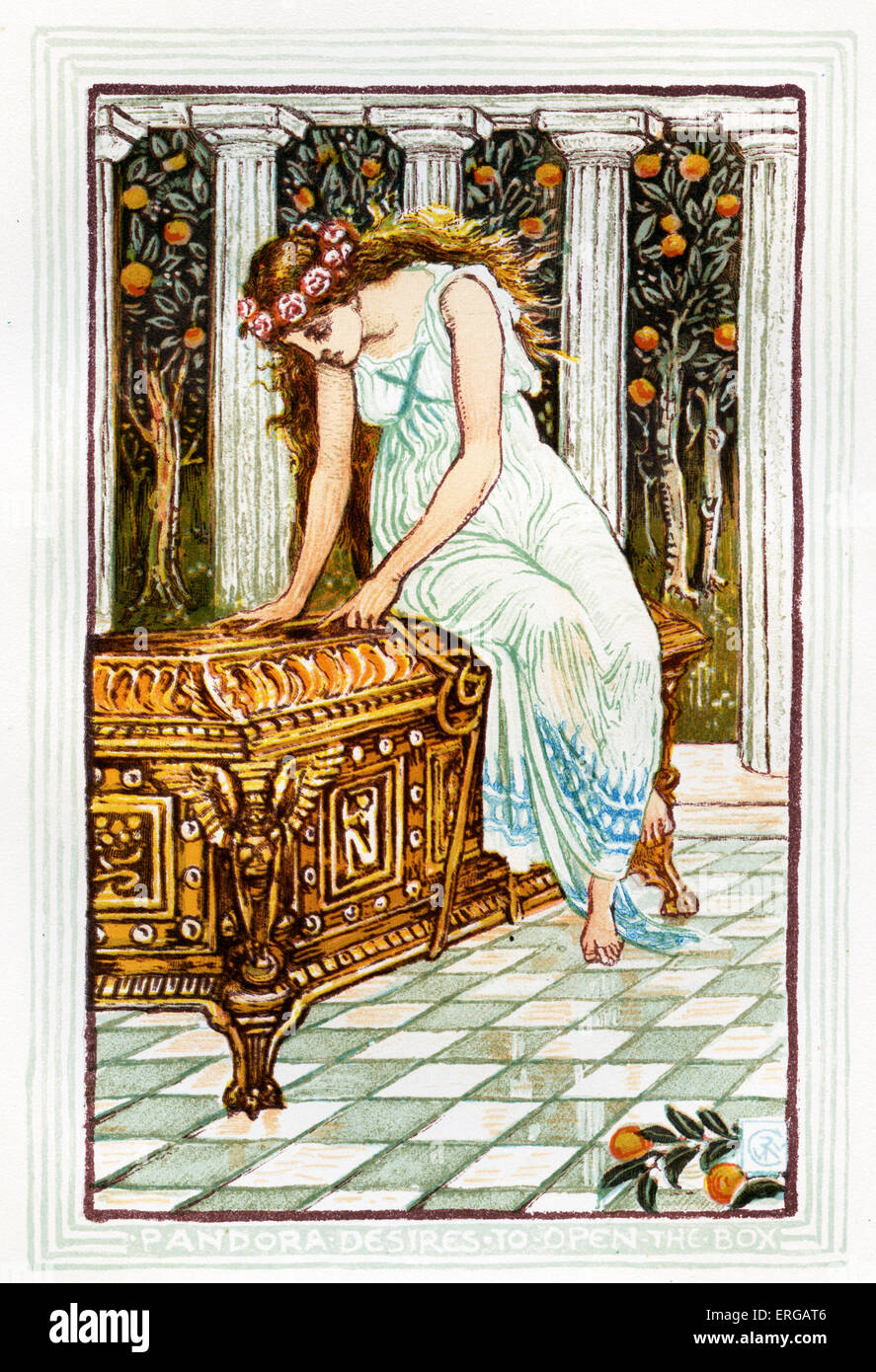 Pandora vuole aprire la scatola. Racconto di miti greci di Nathaniel Hawthorne (1804 - 1864). Illustrazioni di Walter gru Foto Stock