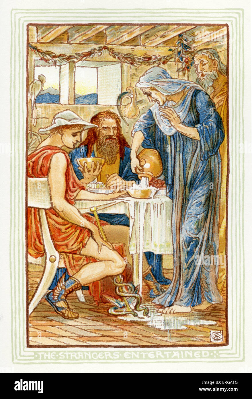 Gli stranieri hanno intrattenuto - Zeus e Hermes travestito da contadini nella casa di Filemone e Baucis. Racconto di miti greci Foto Stock