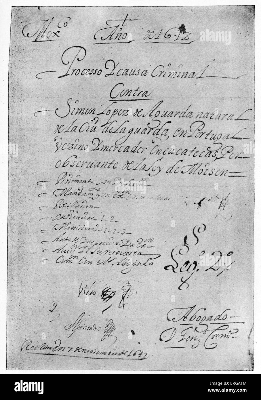 Processo di Inquisizione del Messico nei confronti di Simon Lopez 1642, Titolo pagina. Inquisizione spagnola si diffuse in tutto il suo impero. Foto Stock