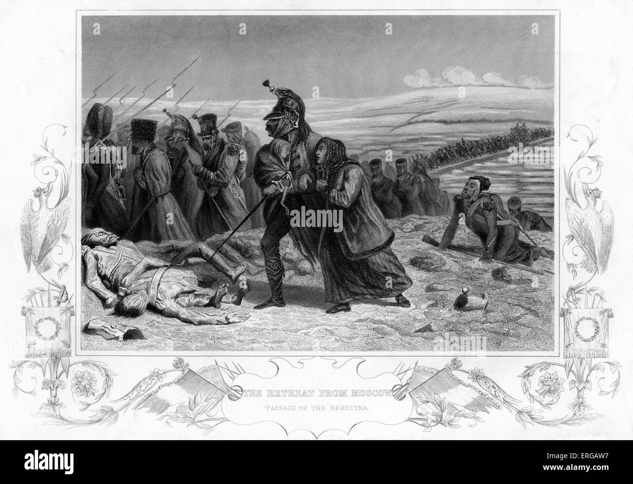 Ritirata da Mosca durante la Guerra di Crimea - passaggio del Berezyna. Le truppe di Napoleone ritirata da Mosca nell'inverno del 1825. Foto Stock