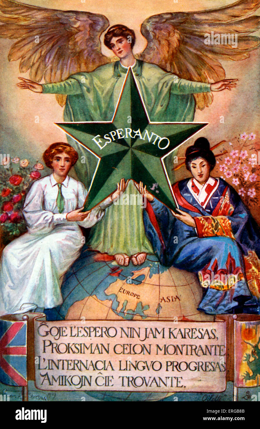 Esperanto cartolina dalla Gran Bretagna, sottolineando l'appello internazionale in Europa e in Asia con bandiera britannica e bandiera giapponese. Foto Stock