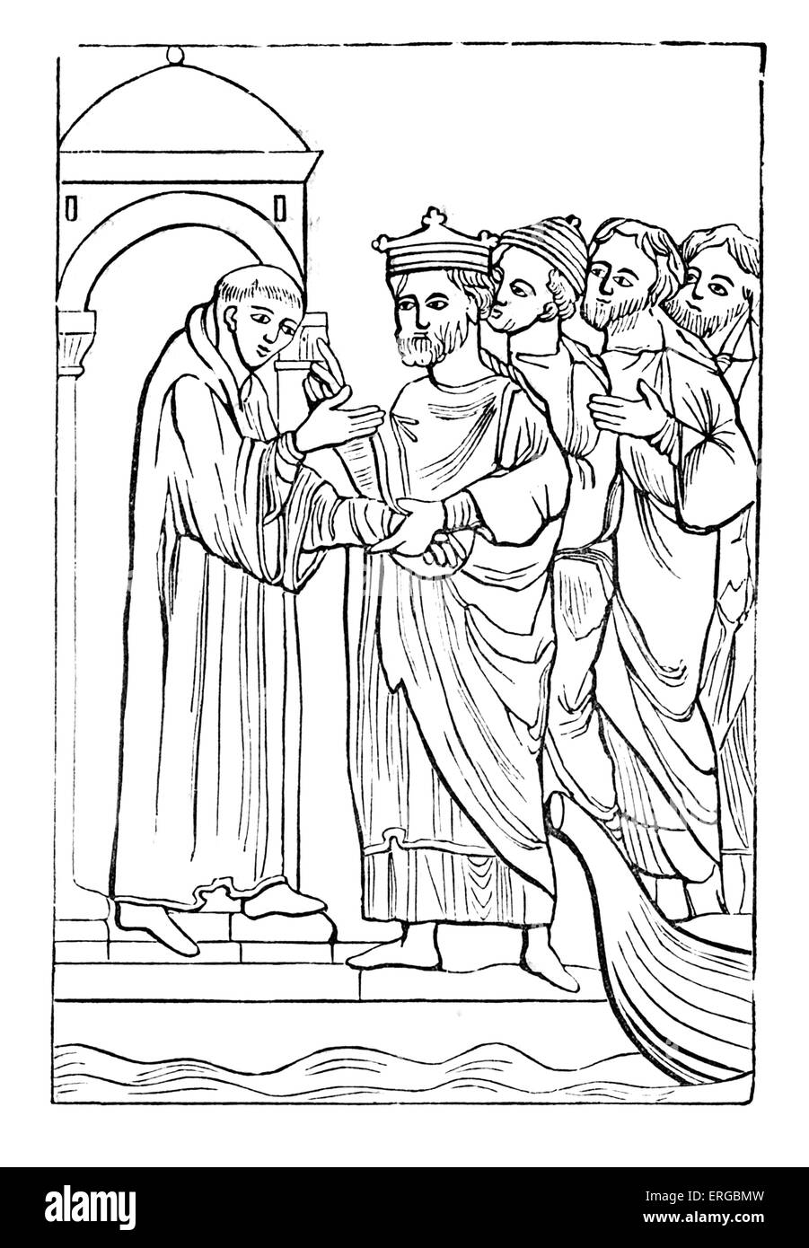 Egfrid, re di Northumbria, e un sinodo ecclesiastica offrendo il Vescovado di Hexham a San Cutberto. Egfrid era il re da Foto Stock