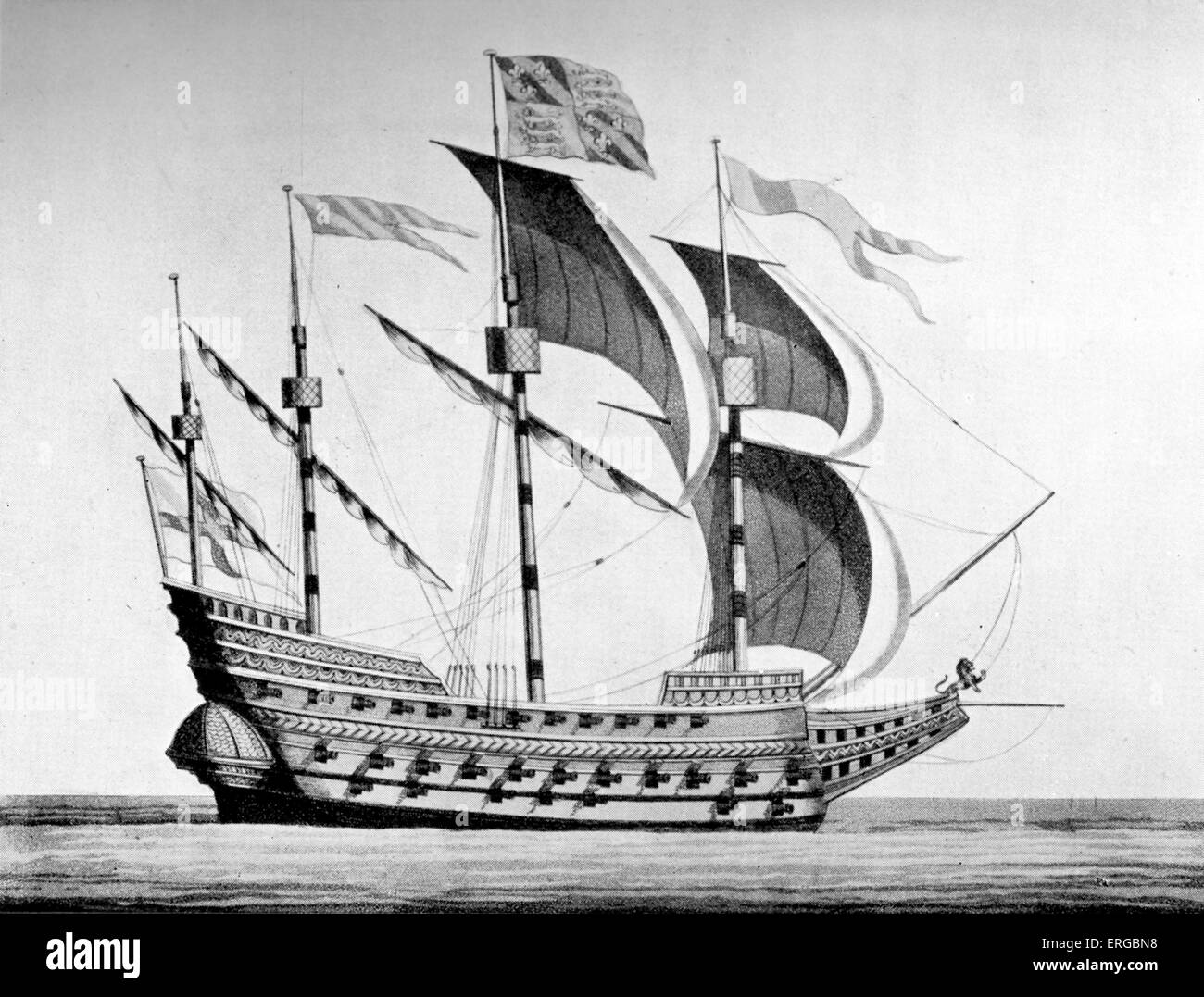 Inglese xvi secolo l'uomo-di-nave da guerra, incisione da Tomkins. Utilizzato da pirati. Foto Stock