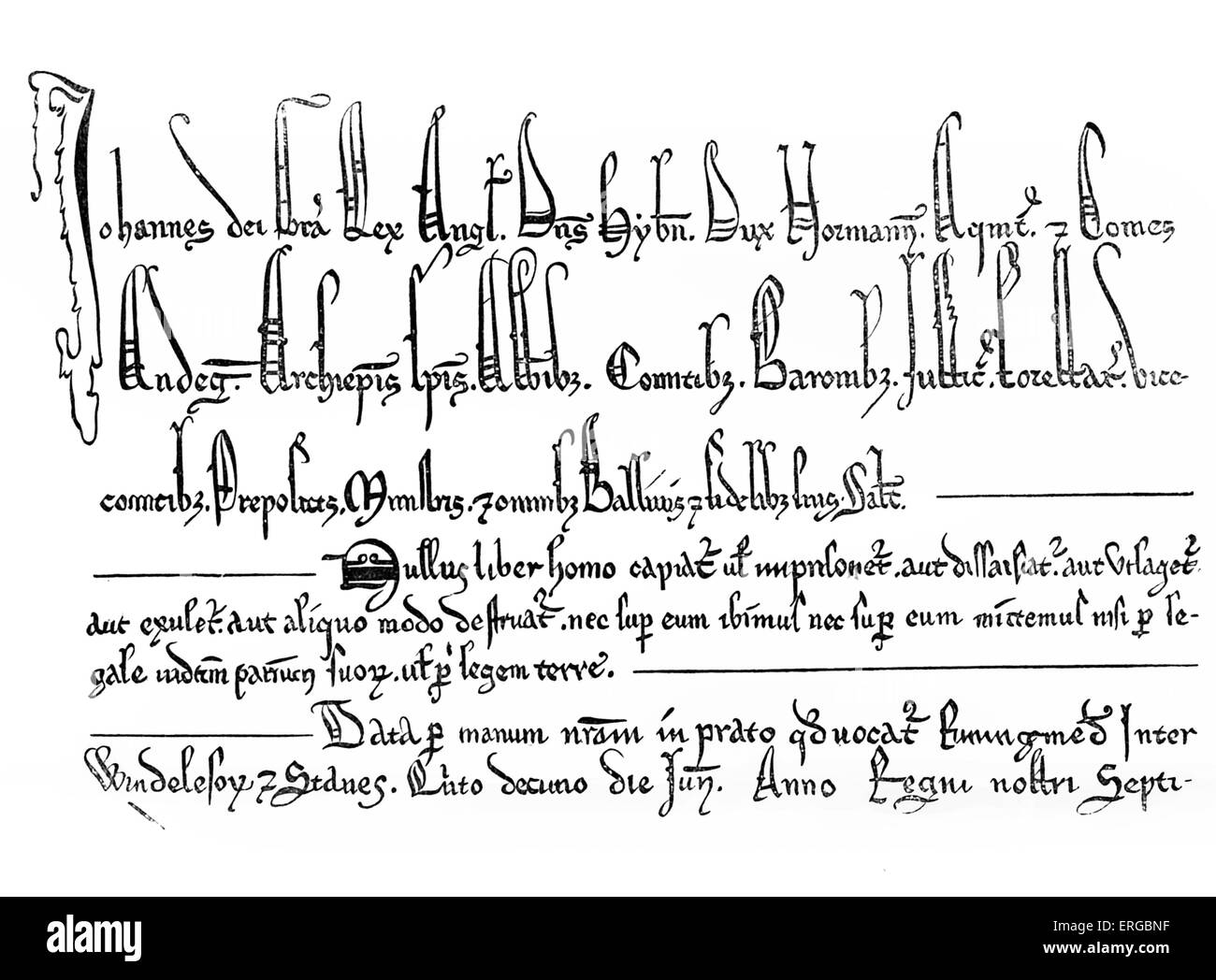 Magna Charta - incise da una delle copie originali nel British Museum. I passaggi sono una porzione del preambolo, la Foto Stock