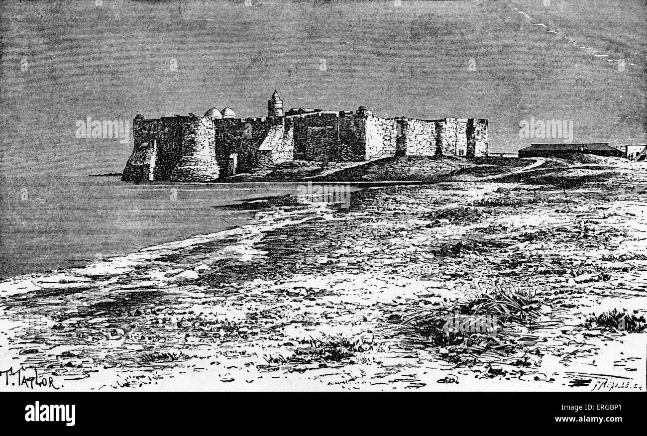 Castello di Djerba. Isola al largo della costa della Tunisia, Nord Africa.B ackdrop per i barbari. Foto Stock