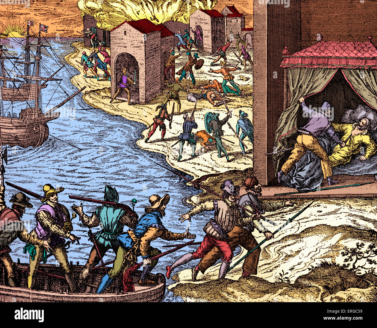 Filibusters alla cattura di Cartagena nel 1555. (Buccaneers, marinai disertori che cercano i loro forturnes in alto mare . Foto Stock
