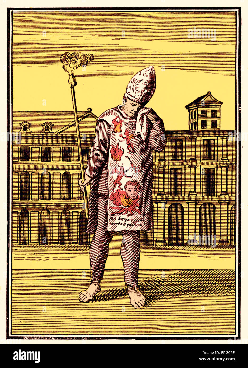 Sanbenito (sambenito)- penitenziale indumento indossato durante l'inquisizione spagnola (dopo Picart) . La tunica di panno giallo Foto Stock