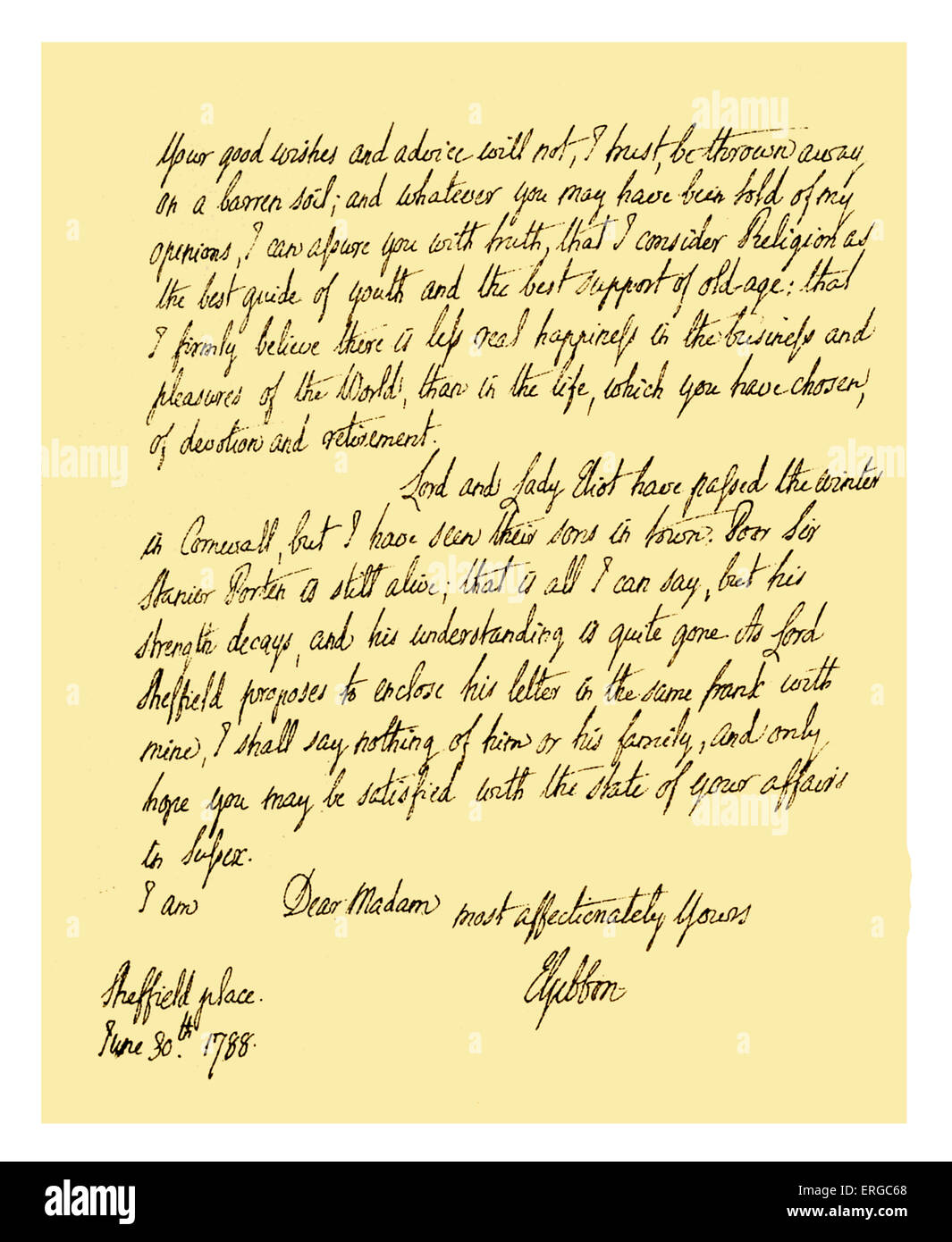 Autograph: Lettera da Edward Gibbon a sua zia Hester gibbone riguardante il suo ritorno a Losanna. Edward rassicura la sua Foto Stock