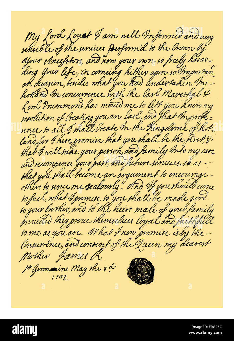Autograph: James Stuart pretendente, 1703. Lettera scritta dalla Francia al Signore Lovat promettente per creare lui un Earl. Con Foto Stock