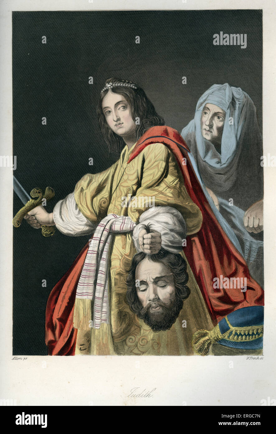 Judith tenendo la testa di Oloferne, che lei ha appena tagliato. Libro di Giuditta. Dopo una incisione da W francese. Foto Stock