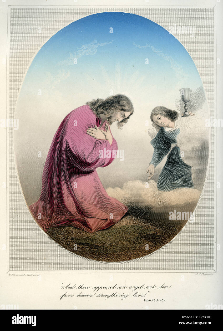 Gesù prega nel giardino, confortato da un angelo / agonia nel giardino. La didascalia recita: " Allora gli apparve un angelo Foto Stock