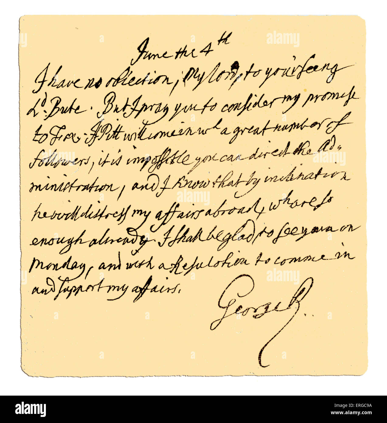 Autograph: Lettera da Giorgio II di Thomas Pelham-Holles, su quest'ultimo i negoziati per la formazione di un ministero. La lettera Foto Stock