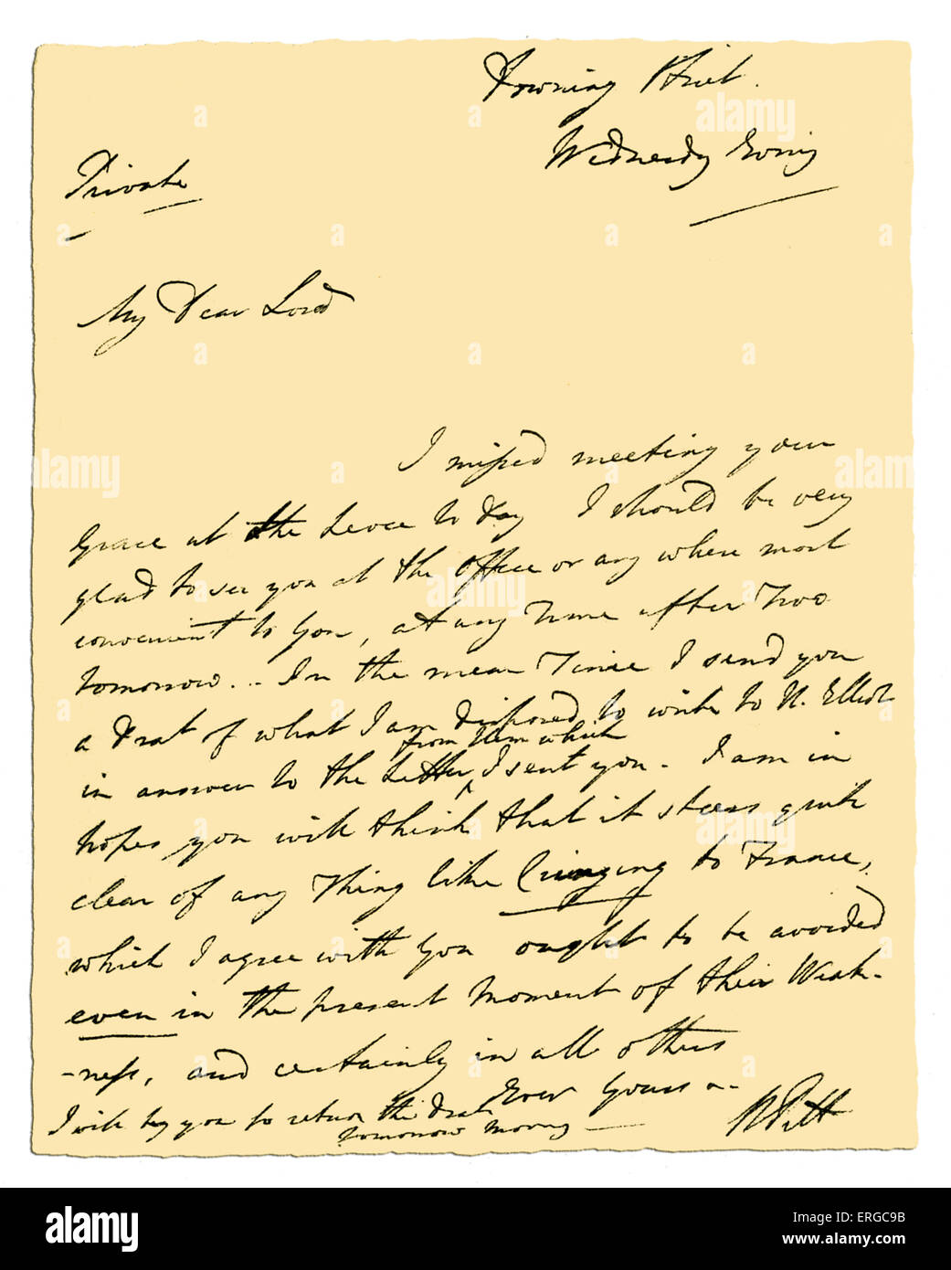 Autograph: Lettera da William Pitt il giovane concernenti i negoziati con i leader dell'Assemblea nazionale francese, Foto Stock