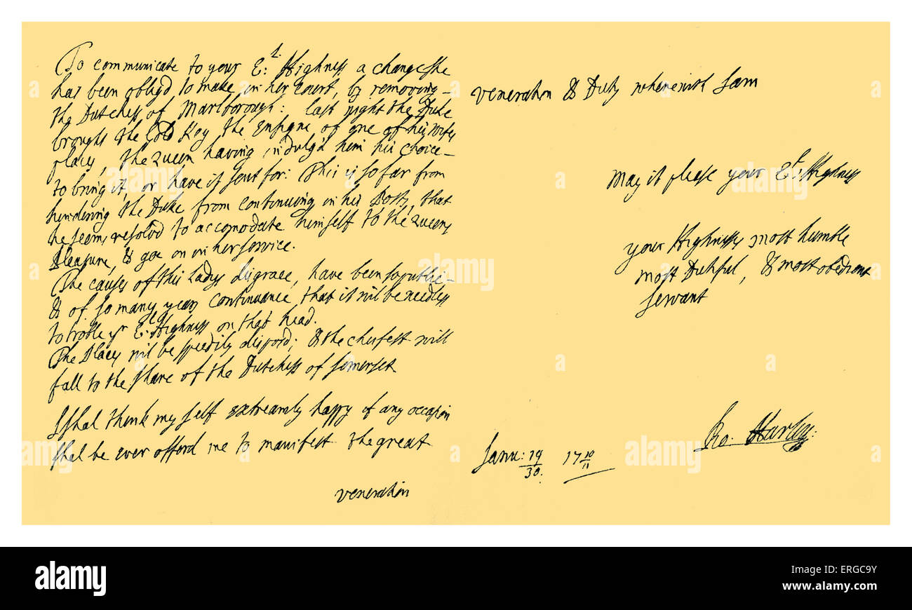 Autograph: Lettera da Robert Harley, Conte di Oxford a George Louis, Elettore di Hannover per annunciare a nome della regina Anna la Foto Stock