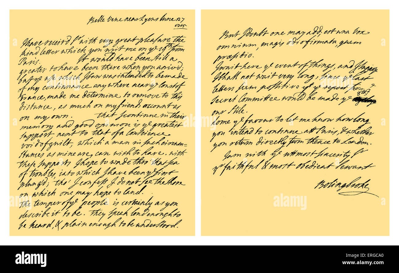Autograph: Lettera di Henry San Giovanni Visconte Bolingbroke, a George Clarke (ex Segretario alla guerra). Henry san Giovanni dà Foto Stock