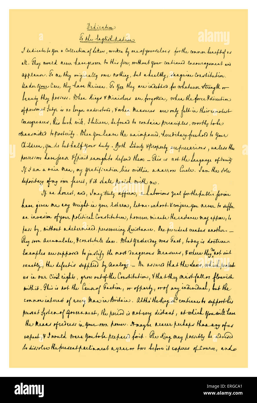 Autograph: Prefazione a H. S. Woodfall la prima edizione della raccolta "lettere di Iunio', 1772. Il testo intitolato 'Dedication all'Inglese nazione' e prefissato per questo volume, viene scritto da uno scrittore che ha usato lo pseudonimo di 'Junius'. Fonte: British Museum. Foto Stock