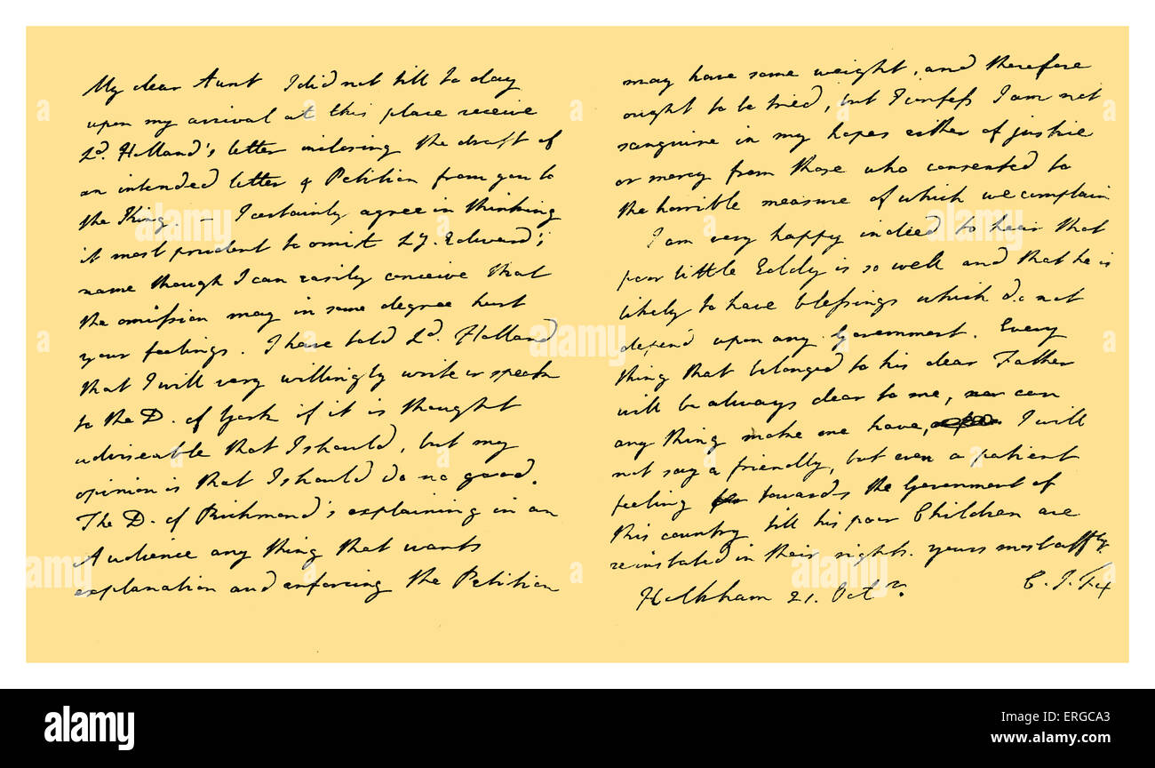 Autograph: Lettera da Charles James Fox a sua zia, Emily (Duchessa di Leinster), rispetto al suo inteso lettera e la petizione Foto Stock