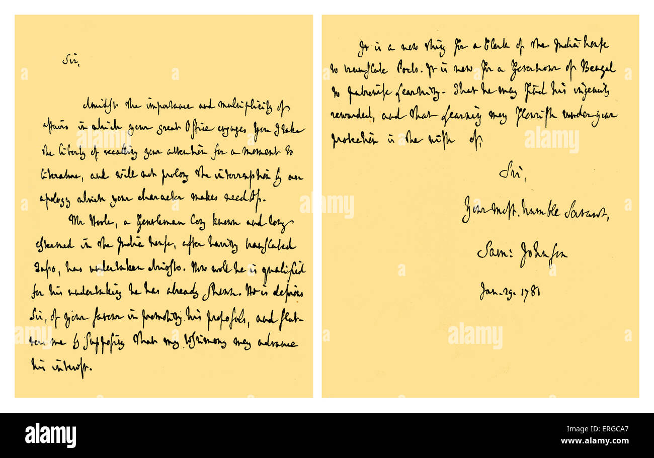 Autograph: Lettera dal Dottor Samuel Johnson a Warren Hastings, Governer-General del Bengala, per chiedere il suo sostegno in materia di un Foto Stock