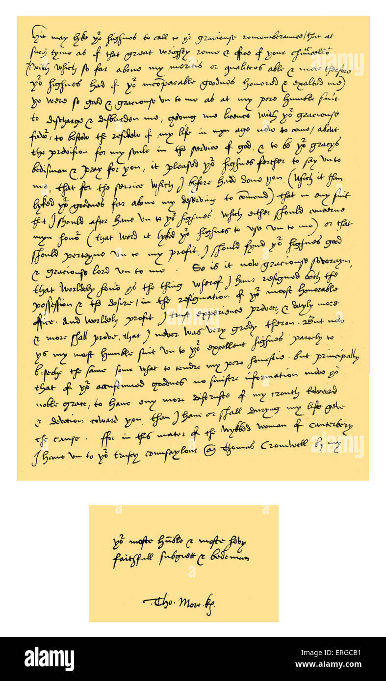 Autograph: Lettera da Sir Thomas More a Enrico VIII, ricordando la sua promessa di favore effettuate quando si è dimesso il Foto Stock