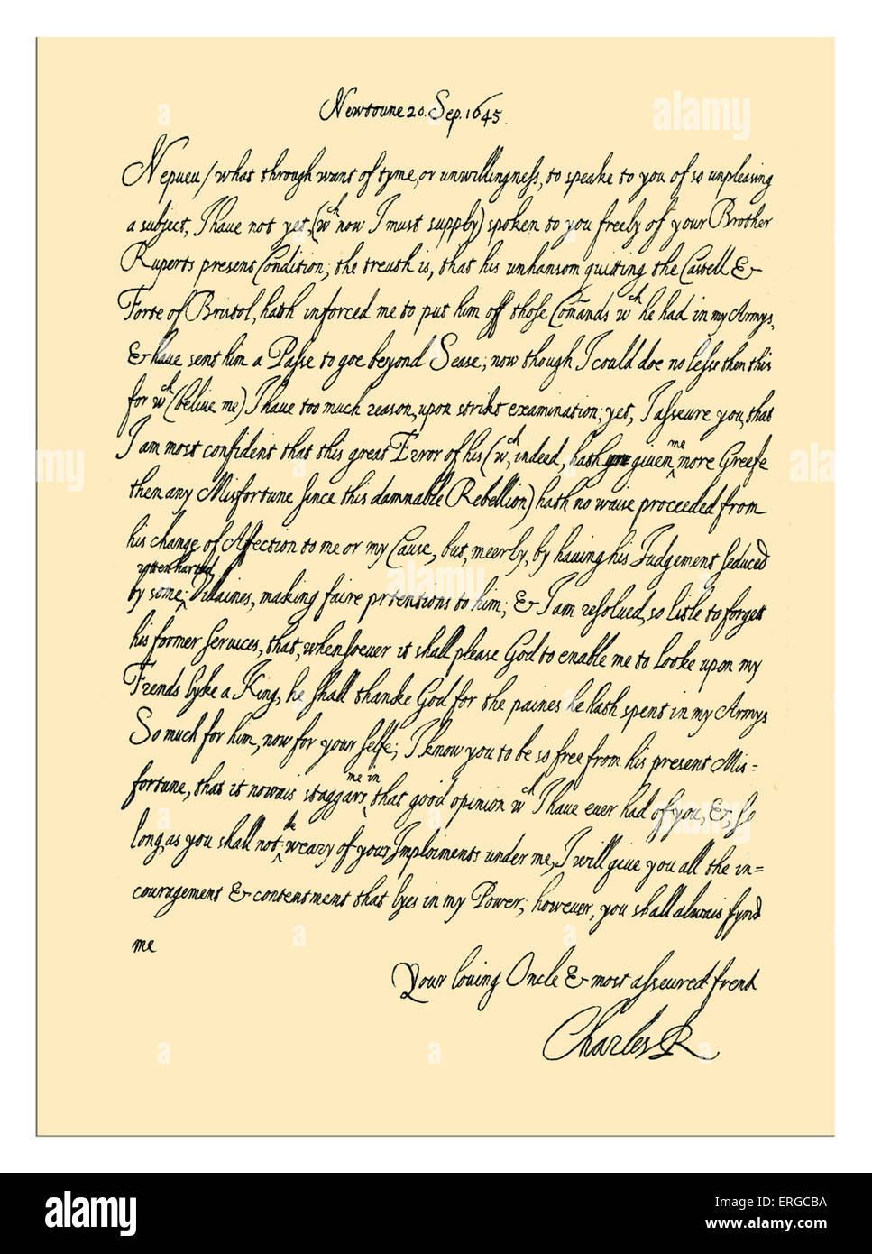 Autograph: Lettera da Carlo I di suo nipote, Principe Maurice. Scritto dopo la disgrazia del Principe Maurice del fratello, il Principe Foto Stock