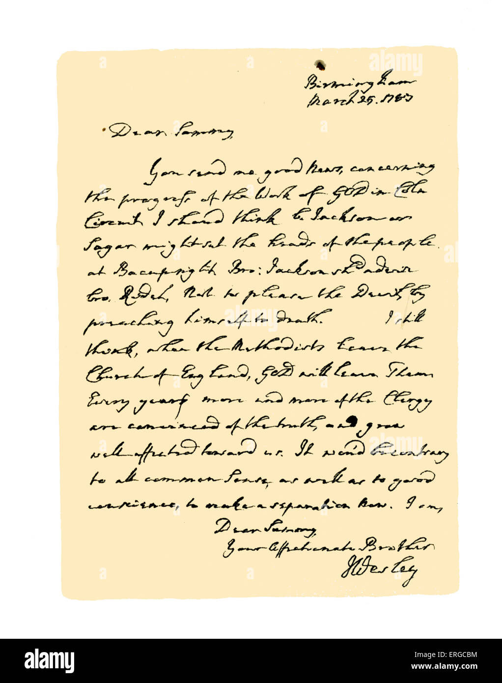 Autograph: Lettera dal reverendo John Wesley Samuel Bradburn. Wesley esprime la sua ferma opinione che i Metodisti dovrebbe Foto Stock