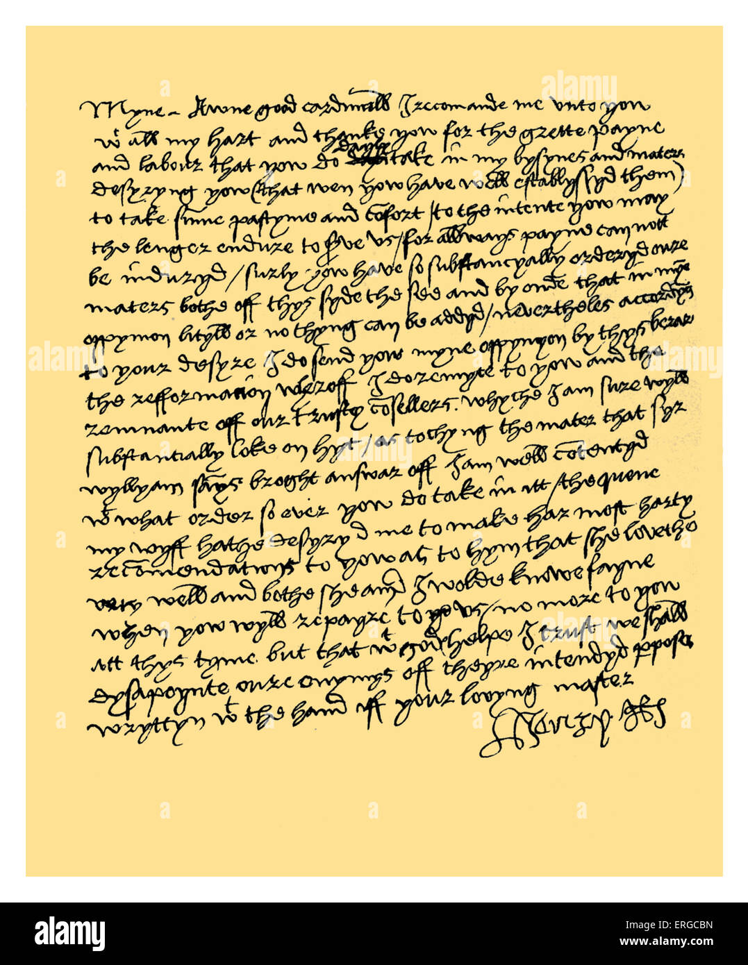 Autograph: Lettera di Henry VIII al Cardinale Wolsey. Il re grazie Wolsey per i dolori che egli assume nella sua azienda e sollecita Foto Stock