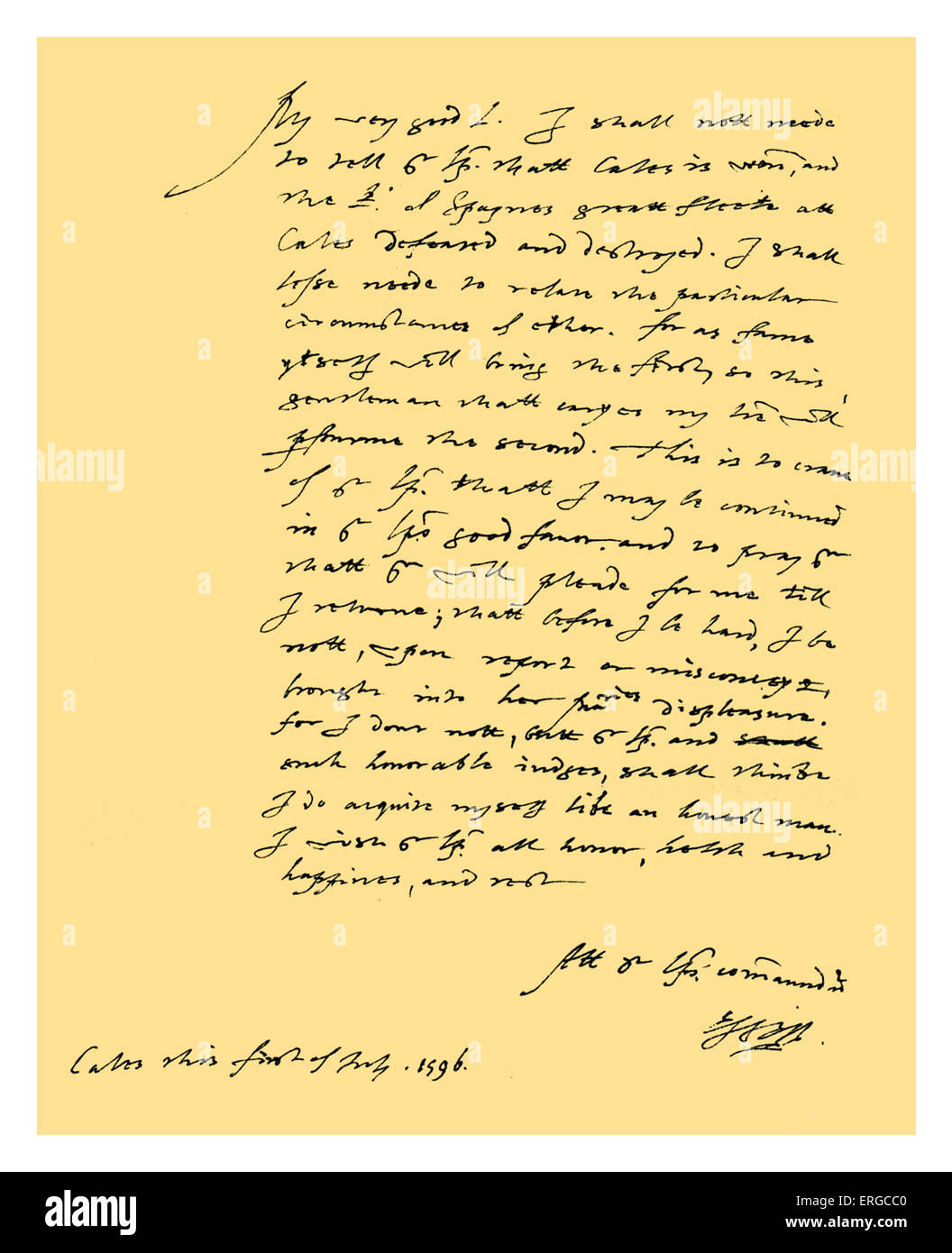 Autograph: Lettera da Robert Devereux, Earl of Essex a William Cecil, Signore Burghley e signore di alta tesoriere, sulla sua cattura di "Cales" (Cadice) e la sua distruzione della flotta spagnola il 21 e 22 giugno. Devereux prega Burghley perorare per lui fino al suo ritorno, perché egli dovrebbe essere portato a Queen's dispiacere. Scritto a Cadice, 1 luglio 1596. Firma: Robert Devereux. Nobile inglese e uno dei preferiti di Elisabetta I, 10 novembre 1565 - 25 febbraio 1601 Fonte: British Museum. Foto Stock