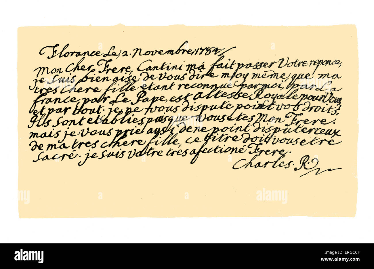 Autograph:1784 lettera scritta da Charles Edward Stuart in francese, sotto il presunto titolo di Re Carlo III, a suo fratello Foto Stock