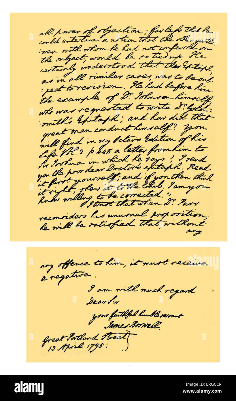 Autograph: Lettera da James Boswell di Edmond Malone, con riferimento al monumento a Dr Johnson nella Cattedrale di St Paul. Foto Stock