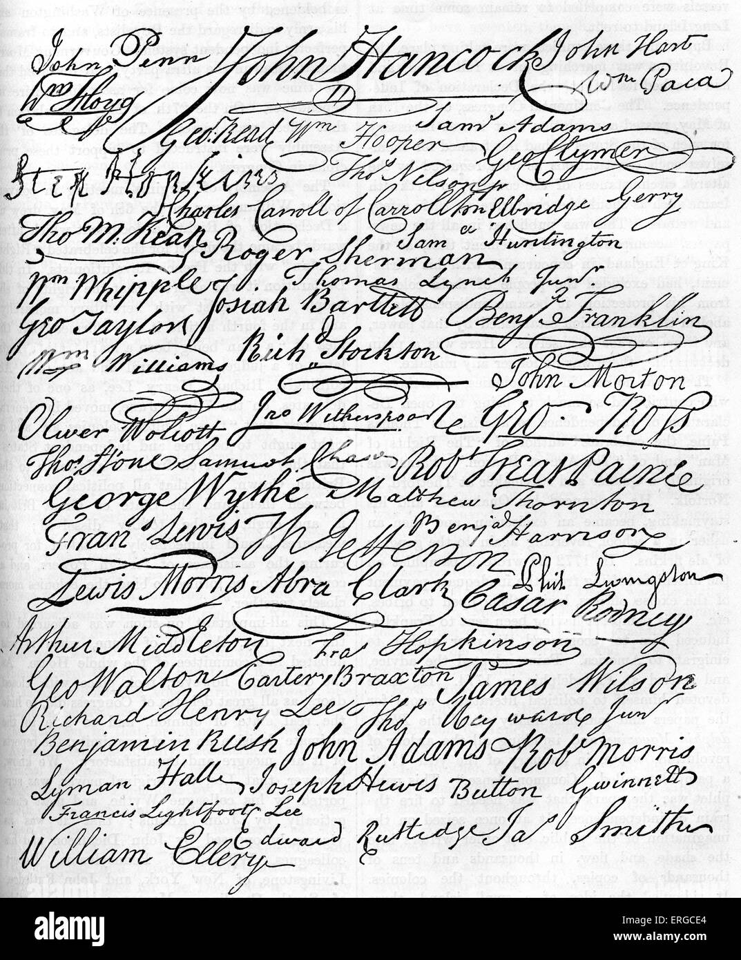 Firme per la dichiarazione di indipendenza americana, 4 luglio 1776. Ha dimostrato che i tredici colonie americane si consideravano Foto Stock