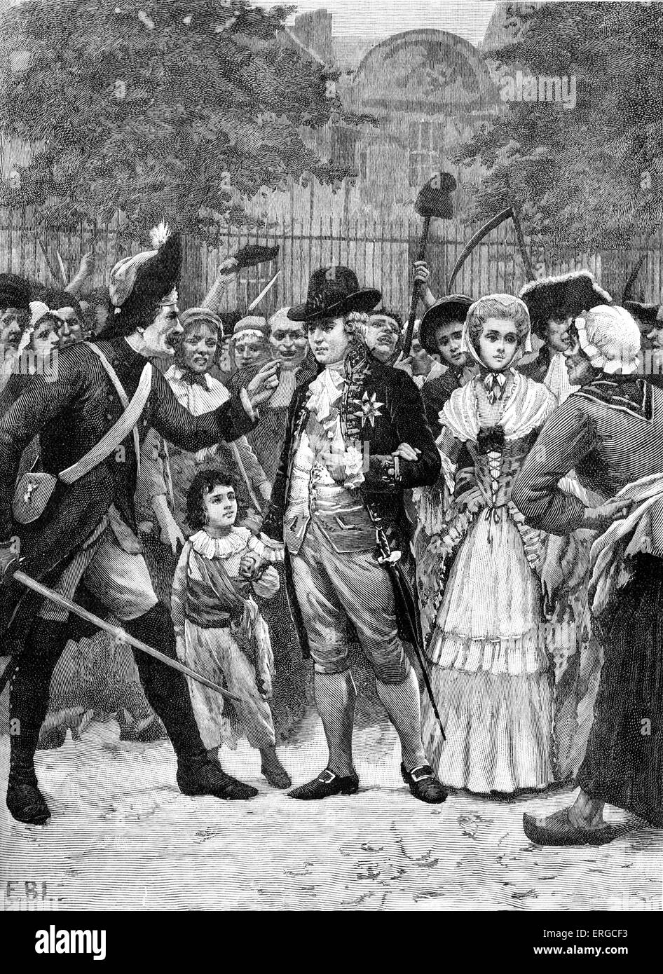 Il francese della famiglia reale in rotta per il gruppo. Il Re Luigi XVI aveva convenuto di legalizzare l'Assemblea nazionale, e a sinistra Foto Stock