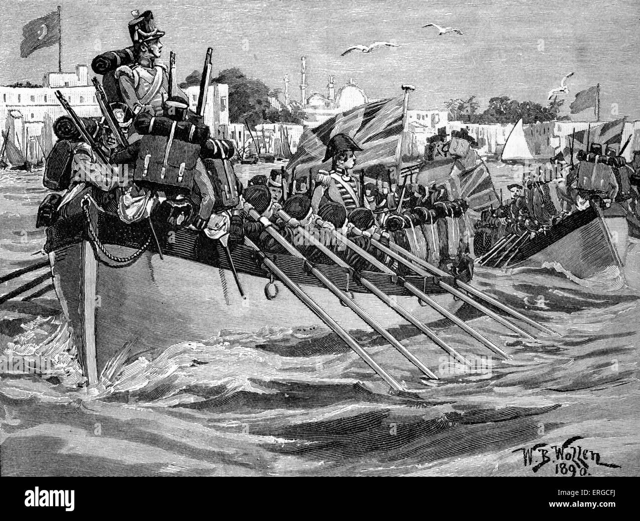 La partenza delle truppe britanniche da Alessandria d Egitto 1807 da William Barnes Wollen. Tentativo da parte di British Army e Royal Navy per catturare strategicamente più importante di Alessandria, Egitto. Partenza forzata dalla mancanza di forniture e insoddisfacenti conquiste militari. Foto Stock