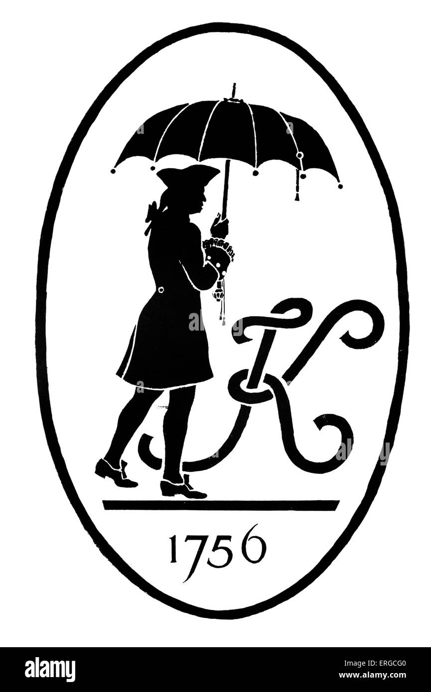 Marchio di Kendall & Figli di Leicester, ombrello makers. Con silhouette di Jonas Hanway, viaggiatore inglese e Foto Stock