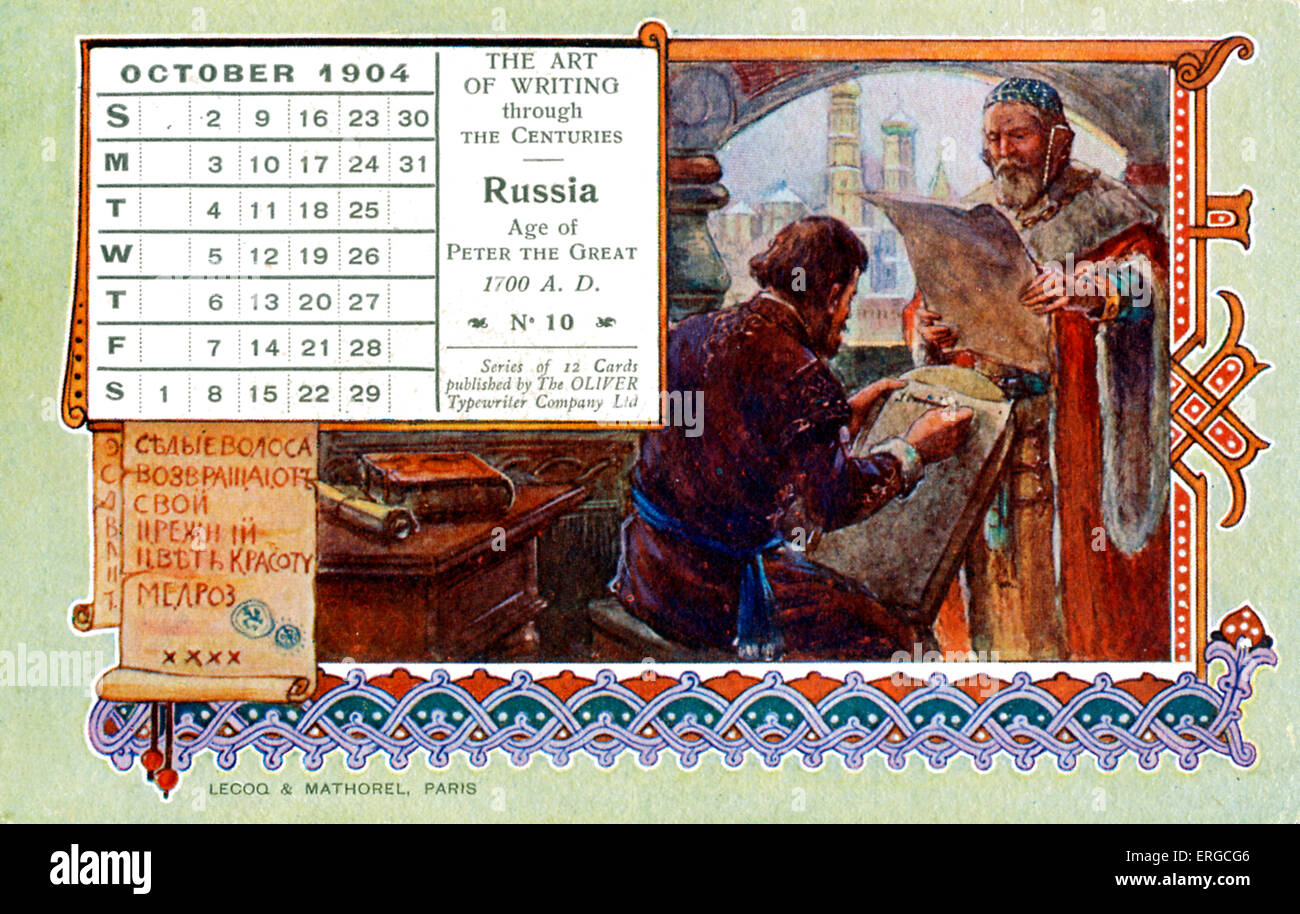 L'arte della scrittura attraverso i secoli - Russia durante l'età di Pietro il Grande, 1700. 1904 (con il calendario per il mese di ottobre). Foto Stock