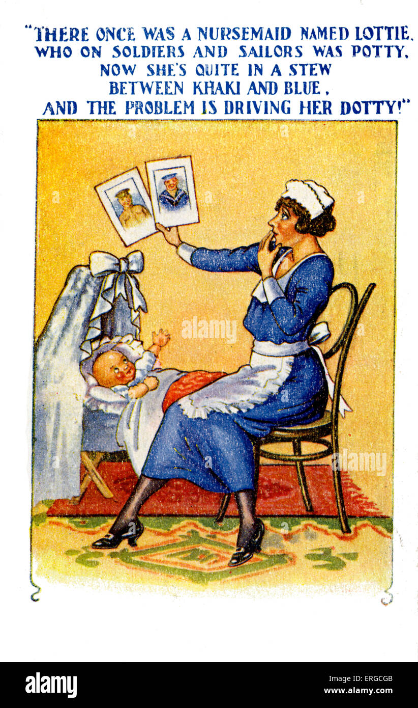 Nanny sul divertente British cartolina - 1927. Mostra nursemaid che deve scegliere tra un suitor nell'esercito e uno in Foto Stock