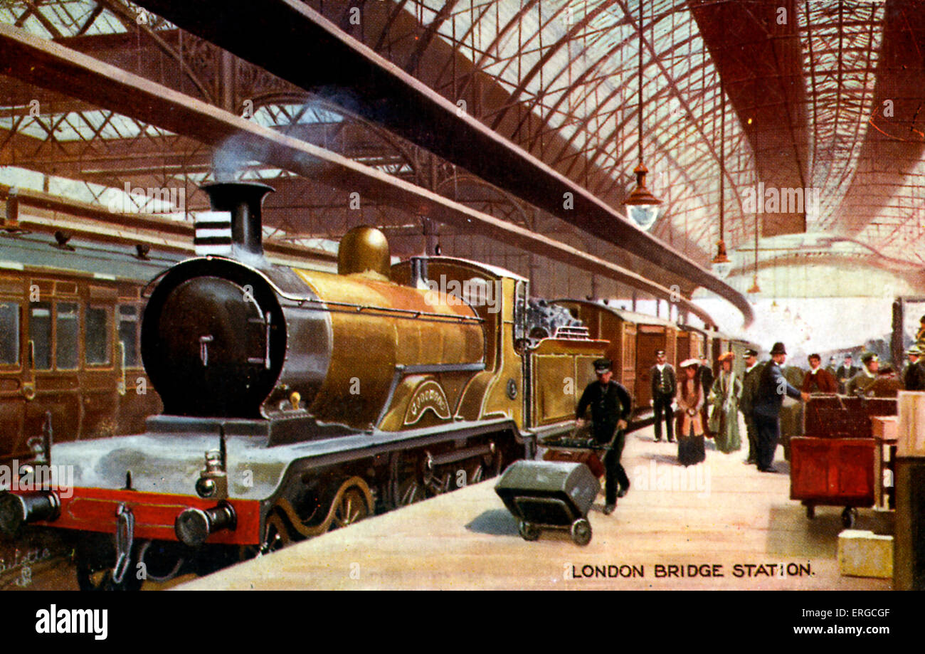 La stazione di London Bridge. Locomotiva ha tirato nella stazione e porter ruote lontano i bagagli. Illustrazione di Gilette Foto Stock