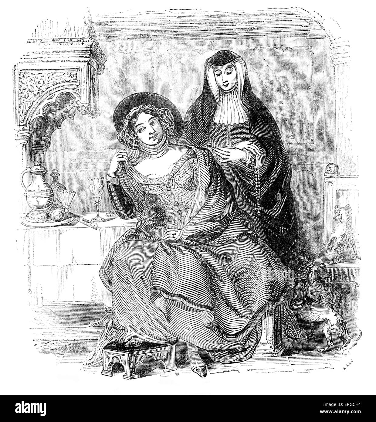 La Priora e la moglie di bagno (seduto). Da incisione basata su caratteri da Geoffrey Chaucer 's 'Priora ' favola' Foto Stock