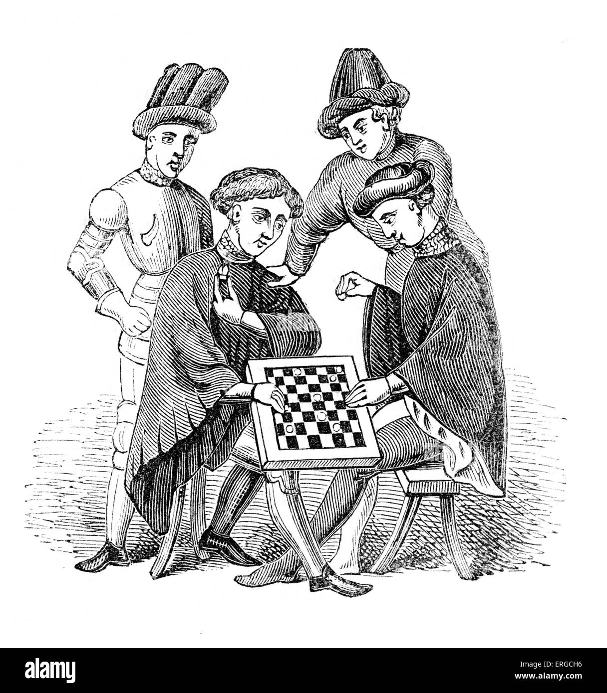 Gli uomini che giocano a Progetti - da incisione basata sul manoscritto illuminato di Harleian genealogie. Vecchio genealogie gallese, c. Foto Stock